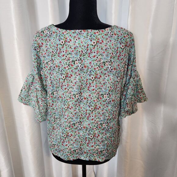 VIOLA BORGHI 100% Linen Blouse Floral Short Bell Sleeve Top WOMEN Sz Small - Picture 6 of 10